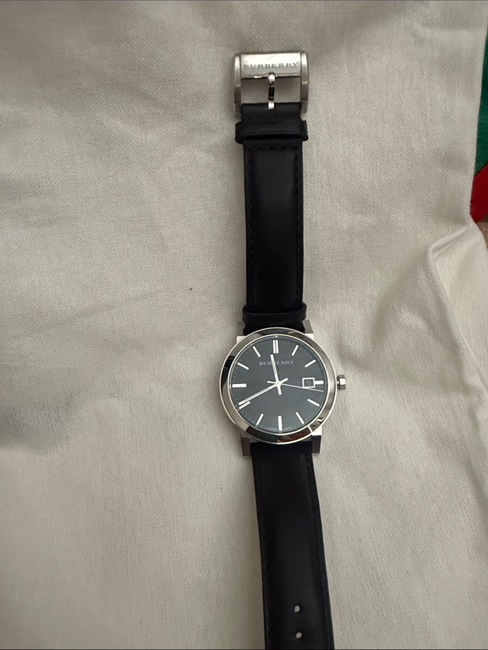 Burberry Black Leather Strap Silver Case Watch